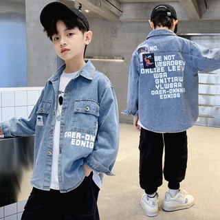 韓版童裝兒童新款牛仔外套潮流時尚170cm寬鬆大尺碼男童休閒外套字母圖案印花休閒舒適長袖襯衫G917