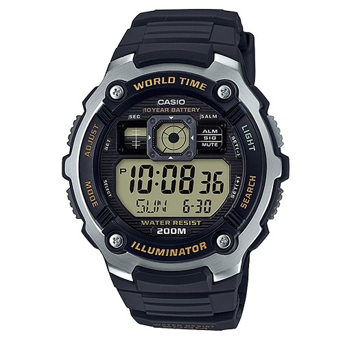 【CASIO】液晶膠帶運動防水200m電子錶-黃面銀框(AE-2000W-9A)正版宏崑公司貨