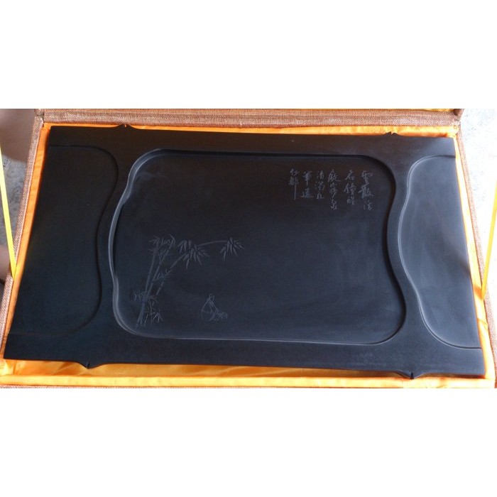 黑膽石 黑剛石 烏金石雕 茶盤 竹節造型 特價分享含加緞繡錦盒 剩單一盤 請把握