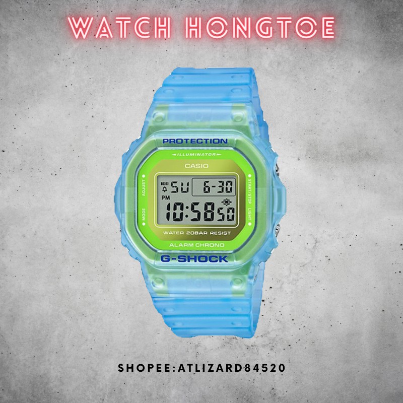 []錶子$行頭[] CASIO G-SHOCK 經典方型 搶眼撞色 手錶 - 透明藍 綠 ( DW-5600LS-2 )