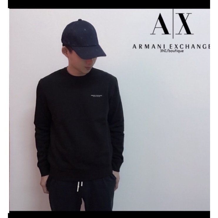 Armani exchange AX 小logo內短刷毛 圓領大學T 長袖上衣 黑色