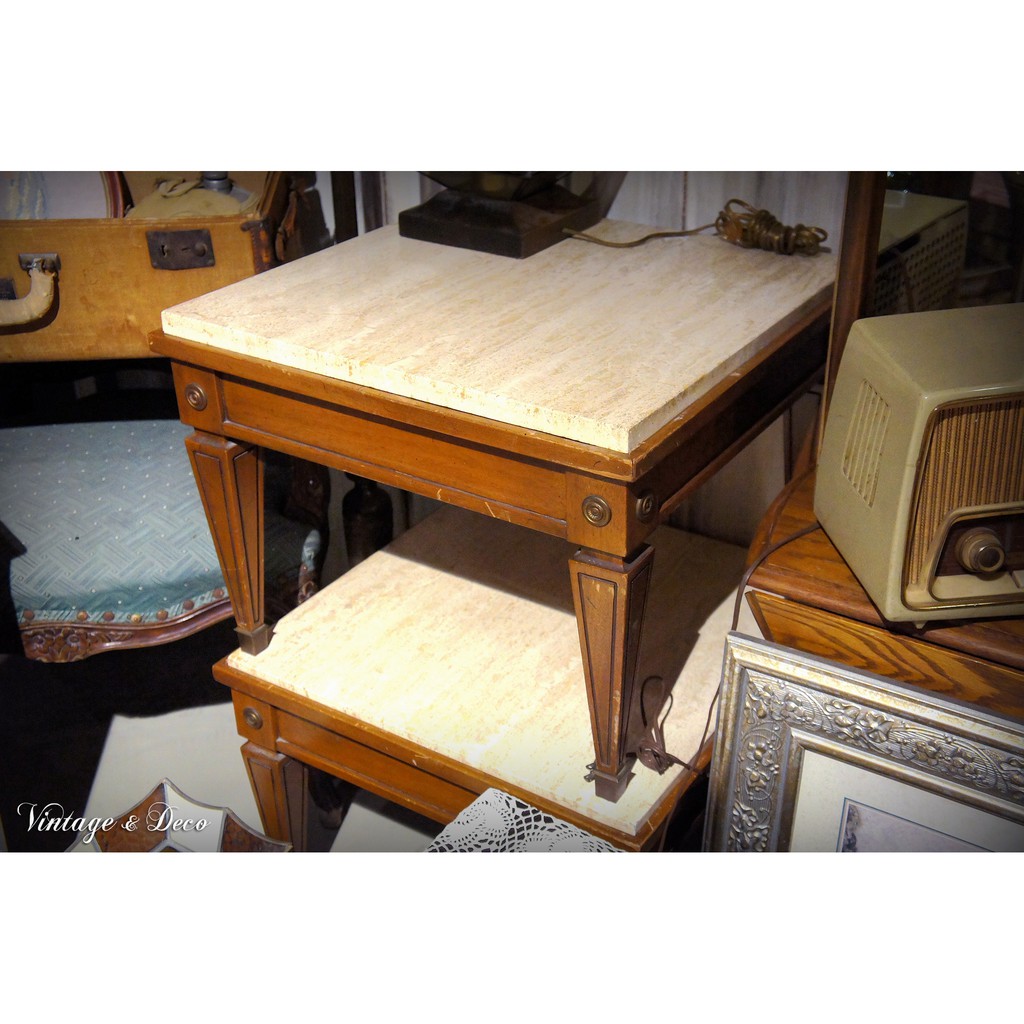 義大利製古董大理石桌面邊桌 桌腳是銅的 復古木桌 老茶几 [TABLE-0176]