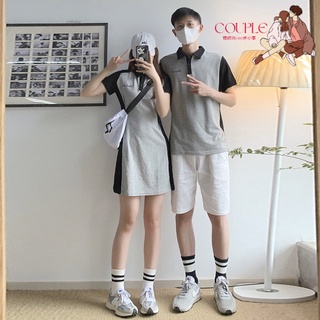 【COUPLE】❤❤拼色連衣裙2022夏季新款情侶裝收腰女裙男T恤衫