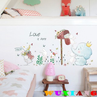 五象設計 壁貼 貼紙 房間裝飾 居家裝飾 小象兔子收郵件貼畫 兒童房 床頭幼稚園佈置裝飾牆貼