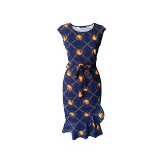 全新 魚尾裙 復古洋裝 Collection London 寶藍色印花復古綁帶洋裝，UK8/S
