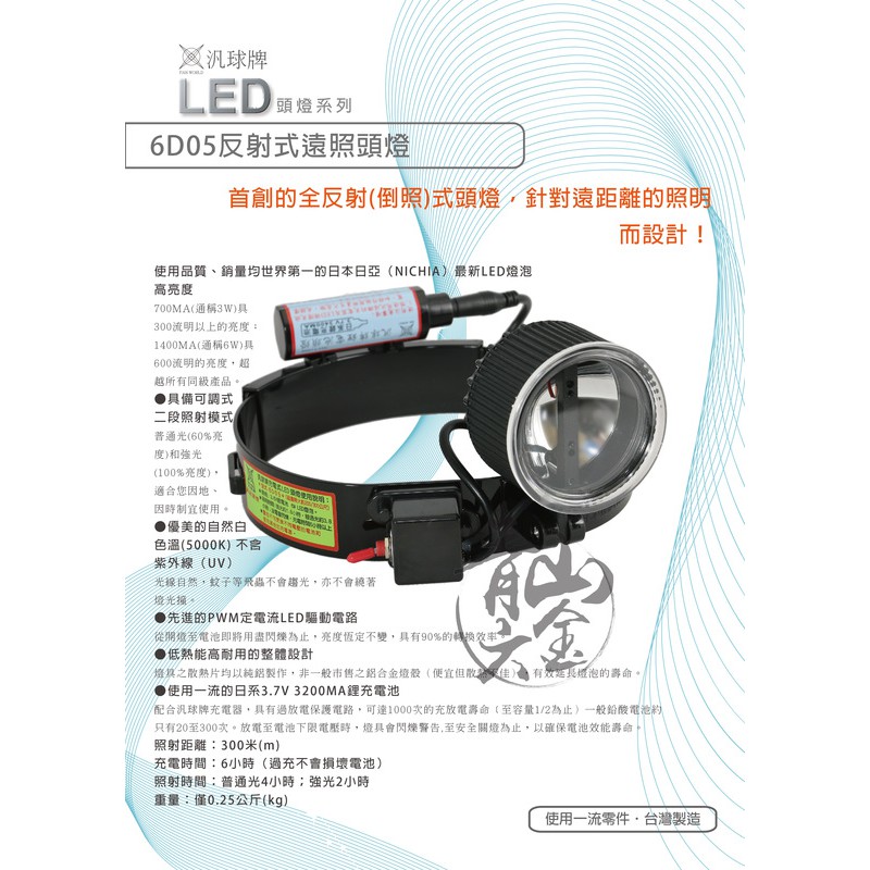 『青山六金』附發票　汎球牌 LED 頭燈 6D05 寬照燈 探照燈 工作燈 登山燈　頭燈