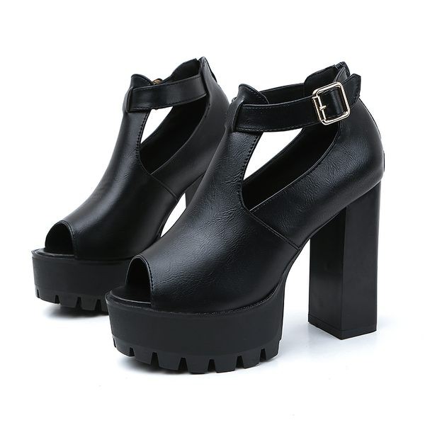 ZUCA”S - 魚嘴粗跟黑色性感12cm高跟涼鞋 - CC-2555