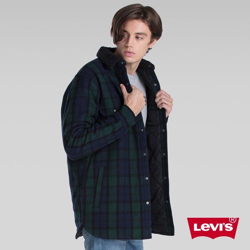 二手 Levis 羊毛外套 /Oversize版 /復古藍綠格紋 /Sherpa棉花絨領 男 （全新，沒穿出去過）