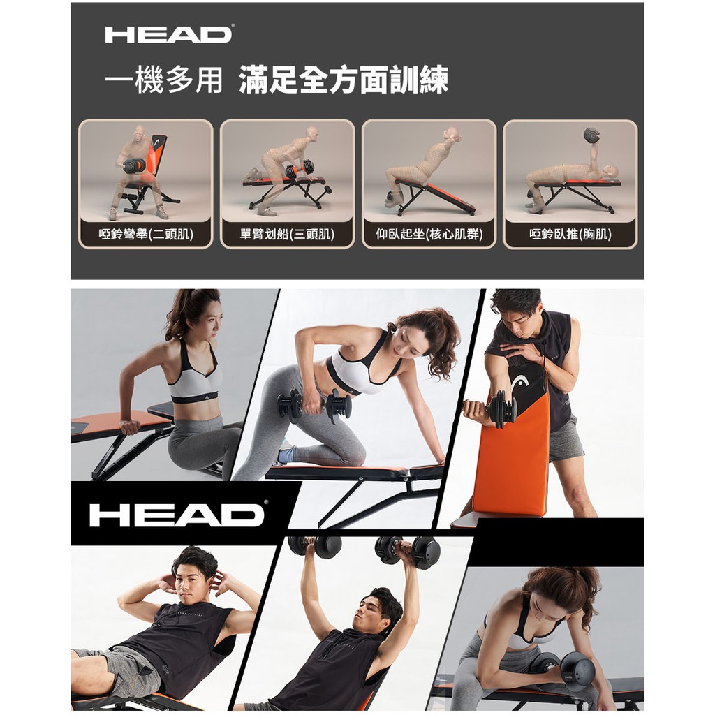 Head海德h868d 多功能重量訓練椅多角度調整搭配啞鈴舉重仰臥起坐重訓運動躺板臥推健腹椅 蝦皮購物