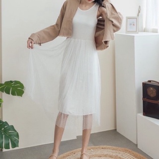 #OOTD全新白色網紗拼接背心式連身裙洋裝