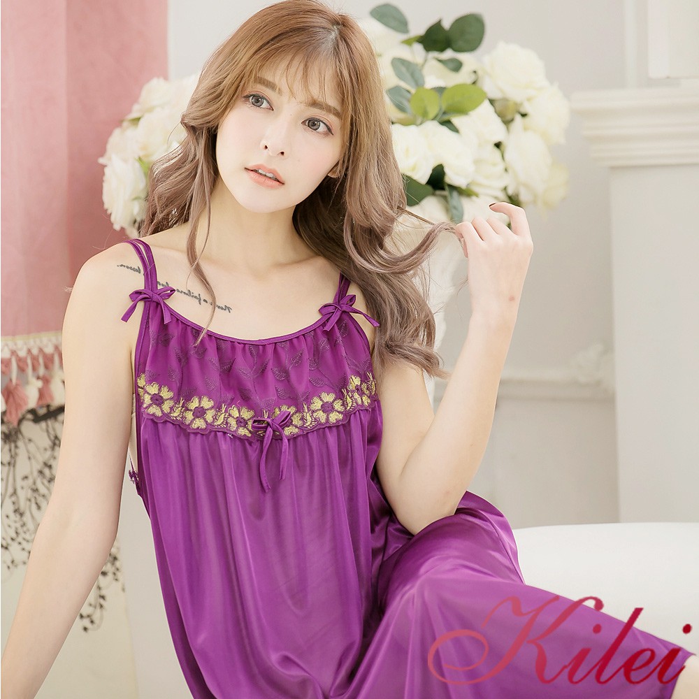 【Kilei】冰絲刺繡蕾絲細肩帶連身裙睡衣XA3289-03(優雅深紫)大尺碼