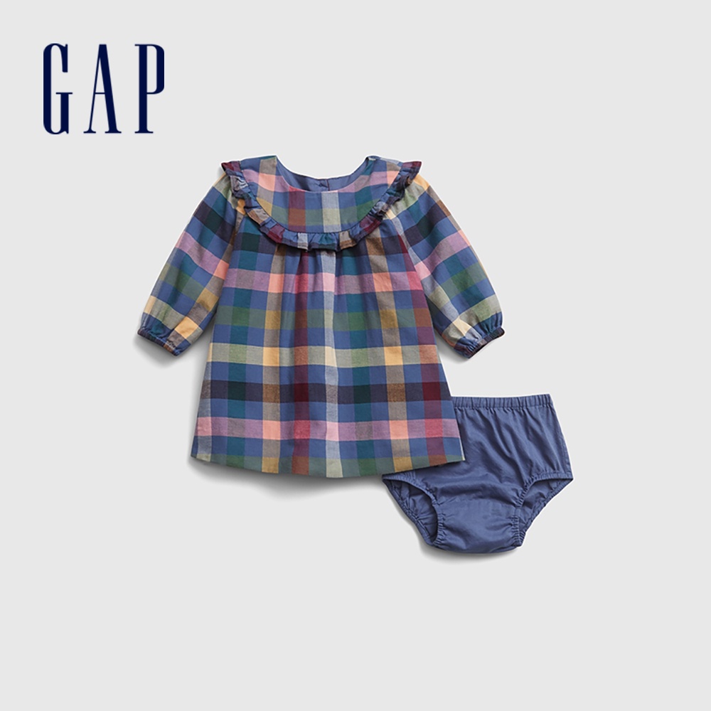 Gap 嬰兒裝 雅致撞色格紋圓領洋裝含尿布套-多色格紋(616356)