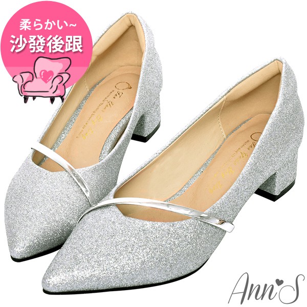 Ann’S高挑公主的婚鞋-閃亮軟金屬斜帶顯瘦低跟尖頭鞋-銀