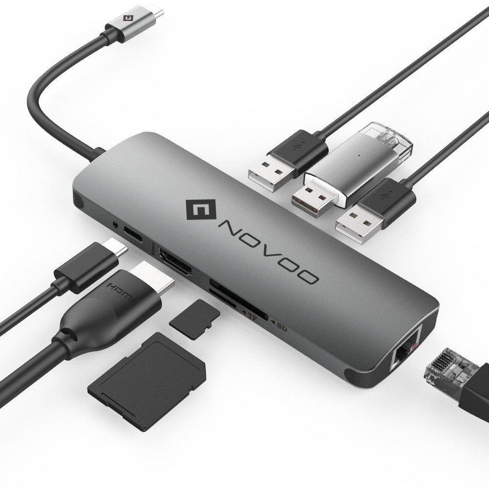 【NOVOO】USB Type-C PD HUB八合一多功能集線器/讀卡機(MacBook好搭檔)【杰鼎奧拉】