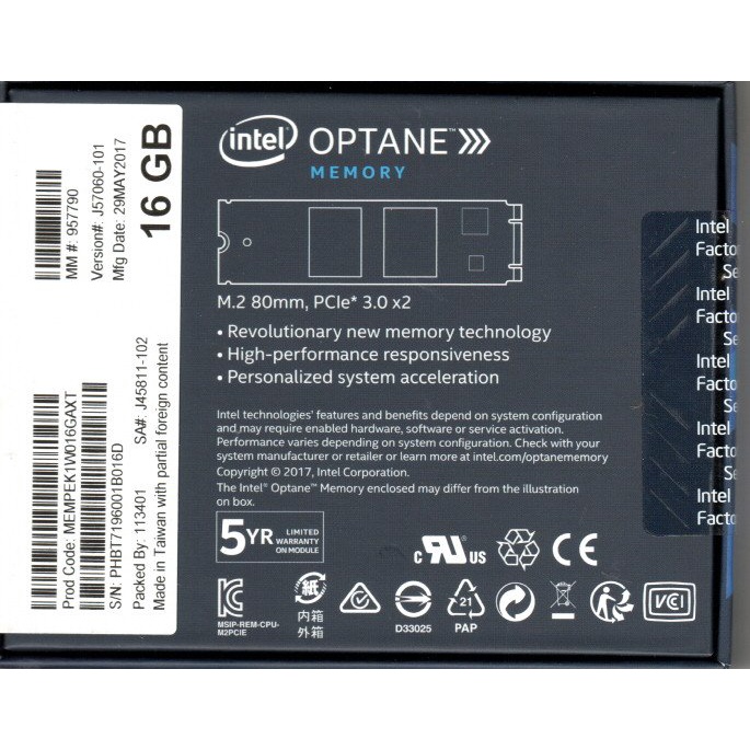 Intel 英特爾 Optane Memory M10 16G 五盒一組