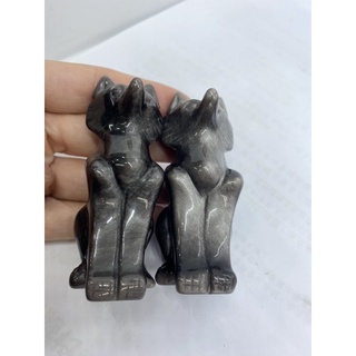 D3679天然銀曜石/銀曜石 狐狸🦊 擺件一對二入組 每一隻都有二個面銀光閃耀超美的