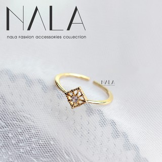 NALA 娜拉。S925 純銀 菱形鏤空 微鑲鋯石 戒指 法式輕奢華 方形雕花氣質 開口戒 食指戒 韓國設計款 指環銀戒