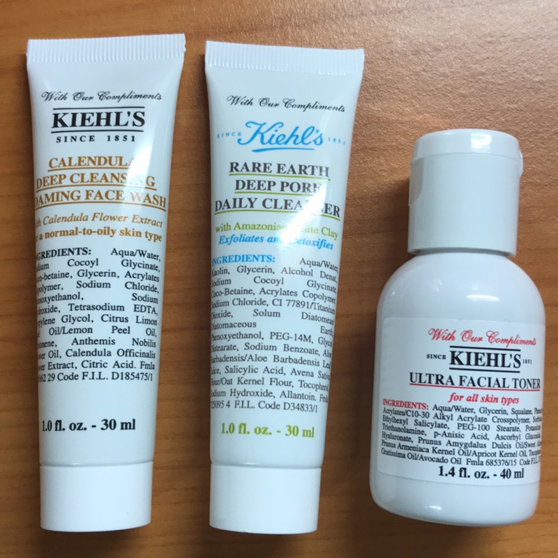 Kiehl’s 金盞花植物精華潔面泡泡凝露 30ml/亞馬遜白泥淨緻毛孔洗面乳30ml/冰河保濕機能水 40ml