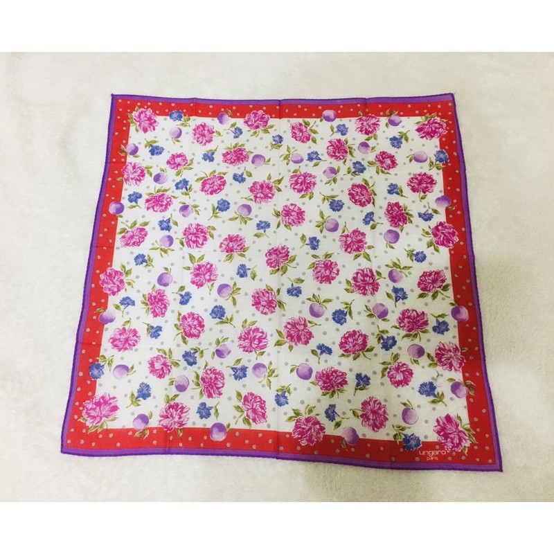 （二手）ungaro paris紫色&amp;紅色邊框花卉圖騰棉質絲巾 棉質方巾 棉質手帕