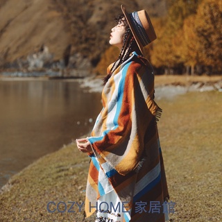 「COZY HOME」家居館 仿羊絨簡約條紋民族風披肩毯 加厚保暖流蘇圍巾毯 旅行拍照兩用外搭 秋冬披風外套 披肩毯