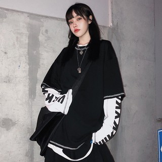 🔥(CONGHAU)🔥Thời trang nữ秋季韓版新款個性街頭ins原宿風bf寬鬆假兩件套長袖t恤女學生上衣