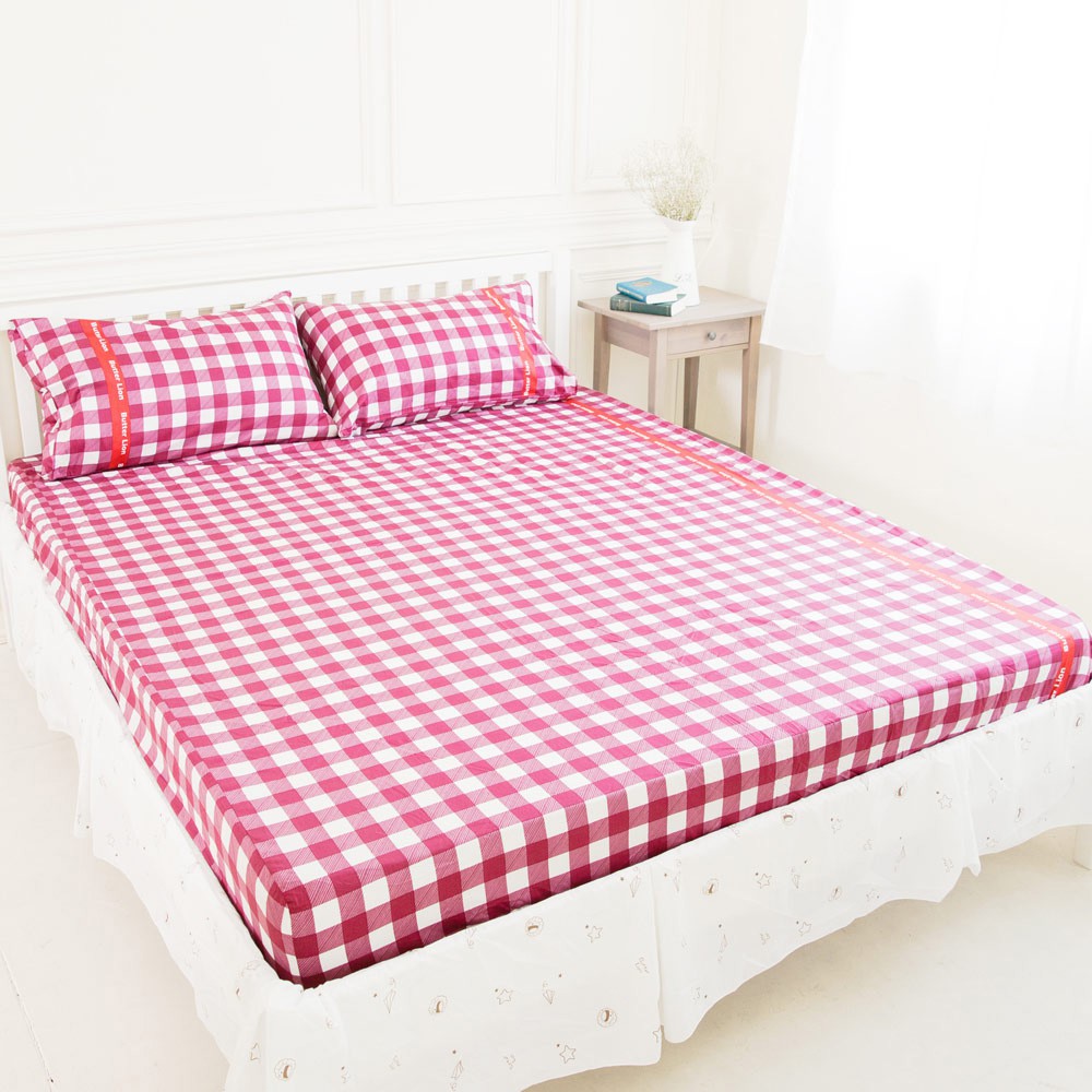 【奶油獅】格紋系列-台灣製造-100%精梳純棉床包三件組(紅)-雙人加大6尺