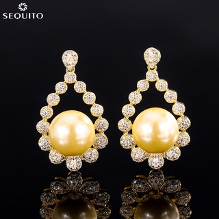 Sequito 豪華頂級鋯石水晶 Fritillary 珍珠吊式耳環女式華麗婚禮派對珠寶禮物 E676