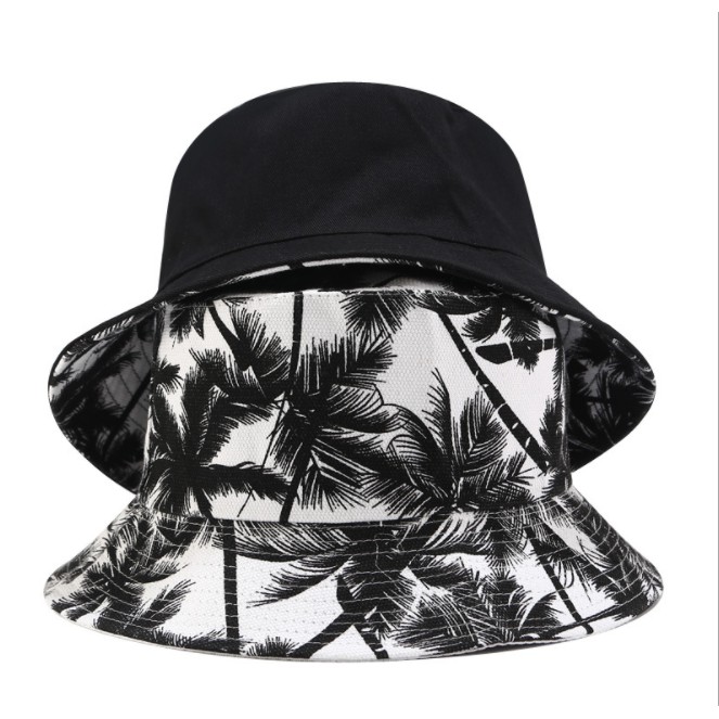 印花椰樹雙面戴 爆款帆布漁夫帽 男女潮盆帽戶外出遊遮陽帽(椰樹雙面)【FIZZE】