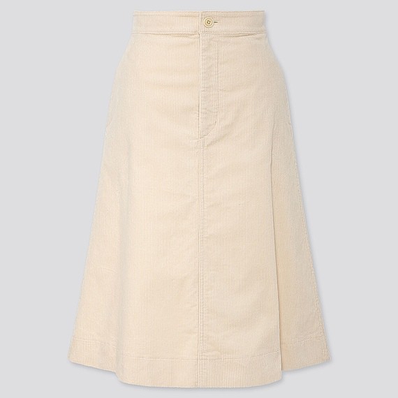 (近全新)UNIQLO高腰燈芯絨中長裙 實體偏較白的米白