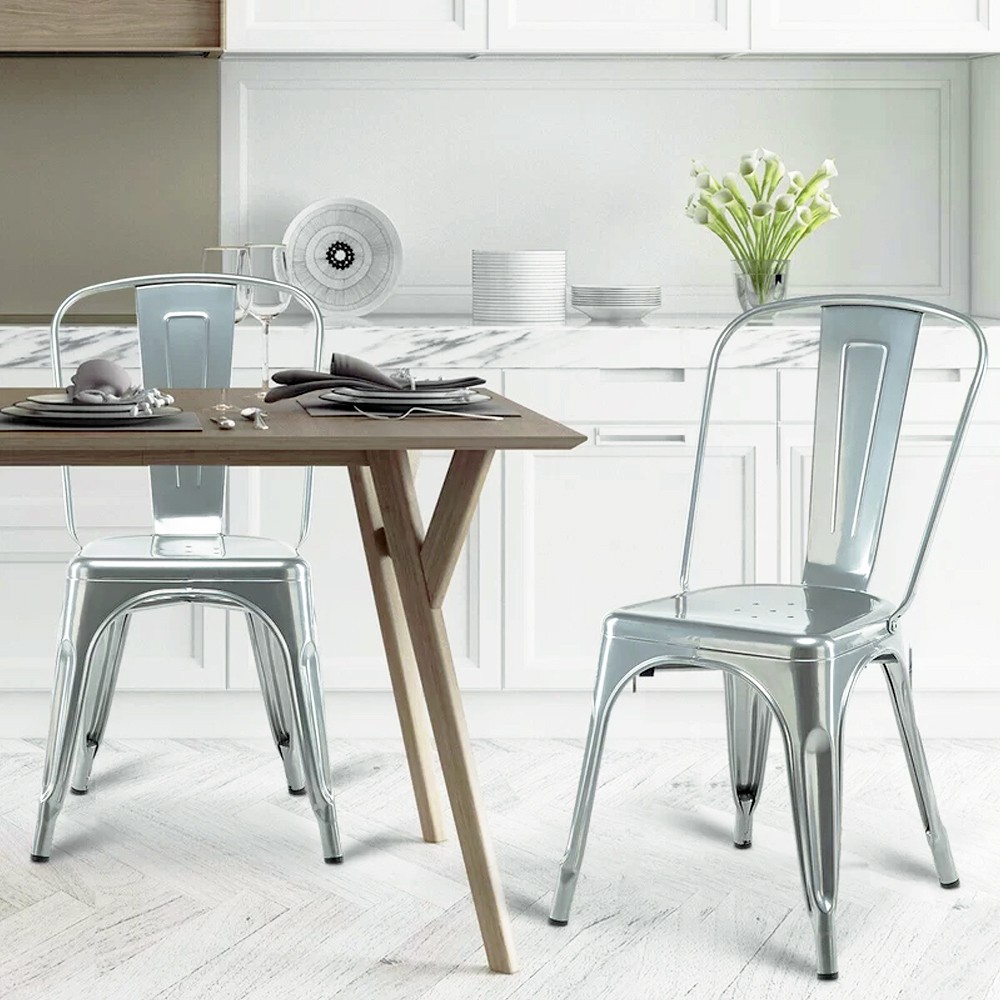 E-home 希德尼工業風金屬高背餐椅-銀色