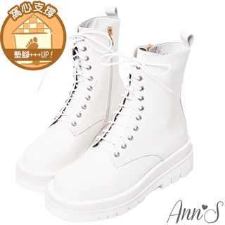 Ann’S就是比較瘦-頂級牛皮綁帶輕量厚底短筒軍靴5cm-白