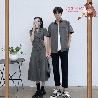 【COUPLE】情侶裝夏季🔥🔥2022年新款女V領收腰顯瘦短袖套裝長裙西裝套裝男