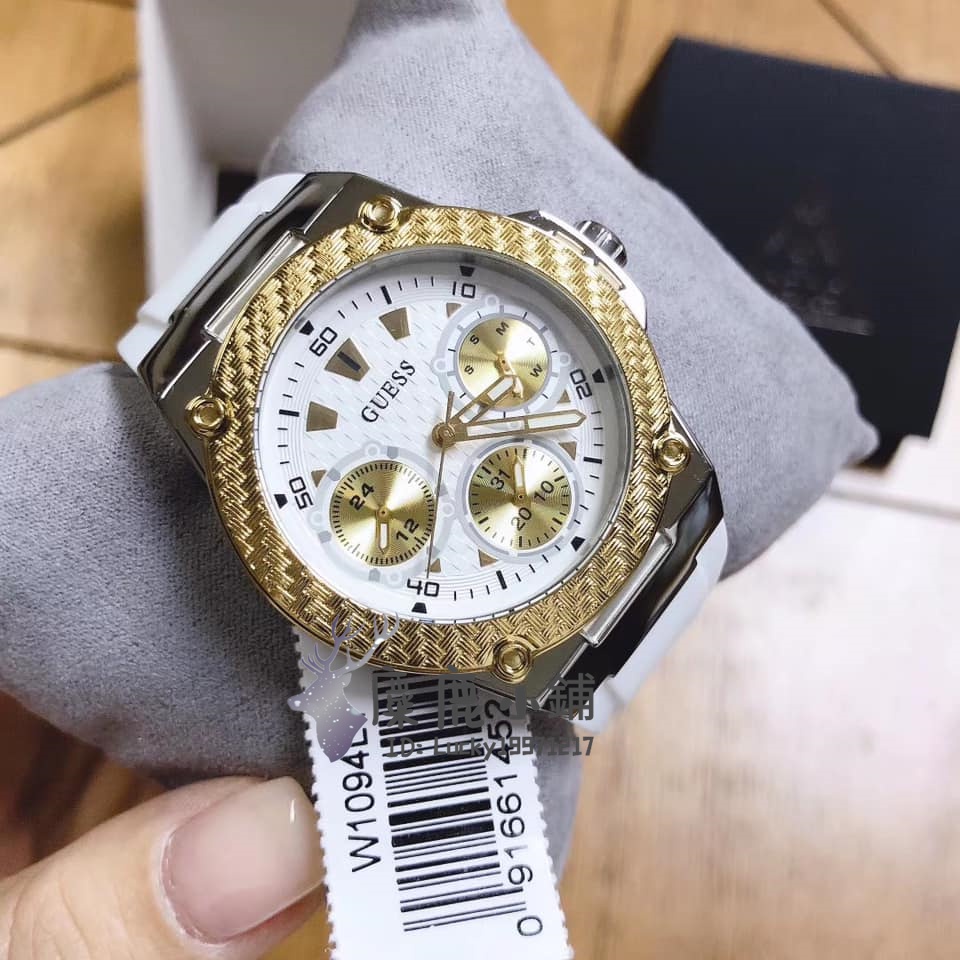 麋鹿小铺✨GUESS蓋爾斯手錶 三眼石英腕錶 白色橡膠腕錶 W1094L1 金色日曆精品女腕錶 白色硅膠錶帶