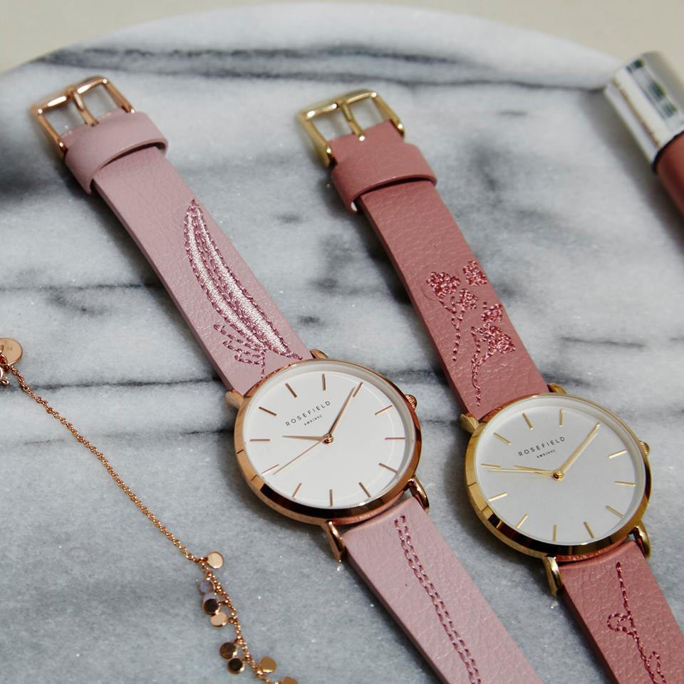 【Rosefield】紐約時尚手錶女錶現貨，玫瑰金粉色刺繡真皮錶帶，錶面33mm可用於Cluse