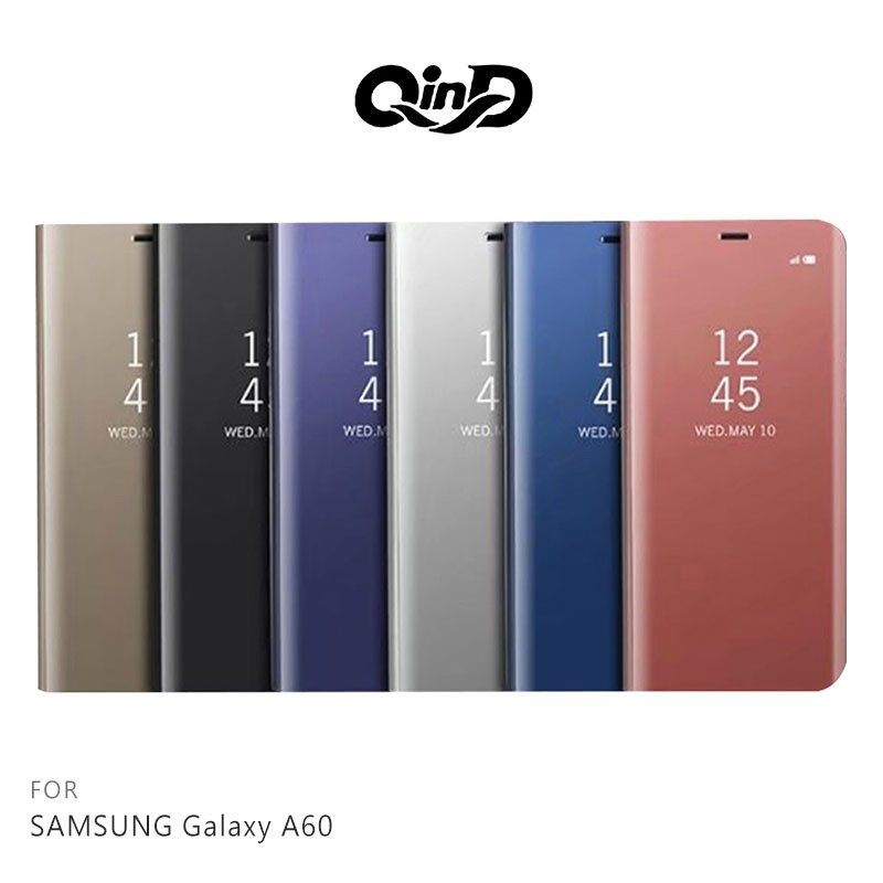 QinD SAMSUNG Galaxy A60 透視皮套 可立 支架 可視來電 鏡面 保護套