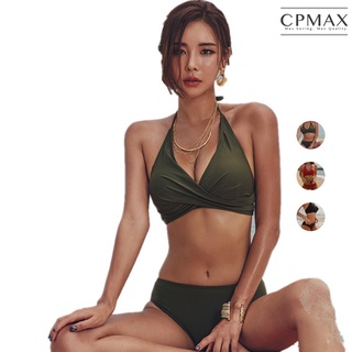 【CPMAX】火辣小胸聚攏+繞頸綁脖 兩截式比基尼泳衣 高腰遮肚兩件式泳裝 純色性感S-XL大胸可穿 比基尼【W82】