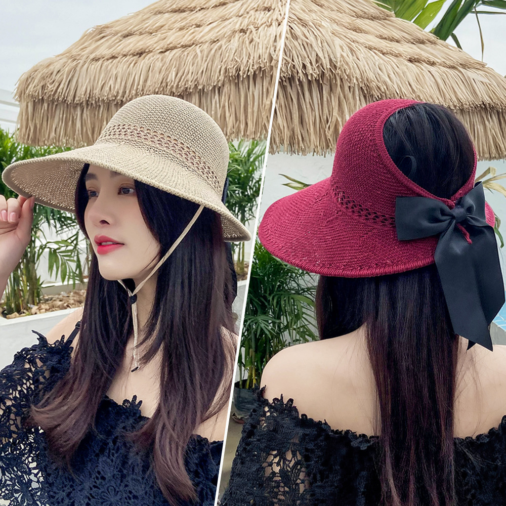 太陽空頂帽女士夏季蝴蝶結大檐戶外防曬沙灘遮陽帽折疊漁夫草帽子 | BeeCost