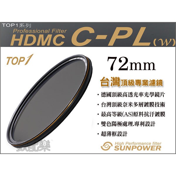 數配樂 送拭鏡布 免運費 SUNPOWER TOP1 HDMC CPL 72mm 超薄鈦元素鍍膜偏光鏡 72 環型偏光鏡