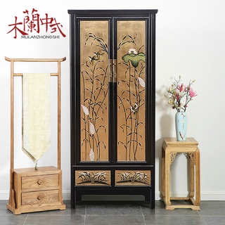 【高階實木家具 復古實木櫃】新中式古典家具\手繪花鳥金箔明式衣櫃面條櫃\實木仿古立櫃裝飾櫃