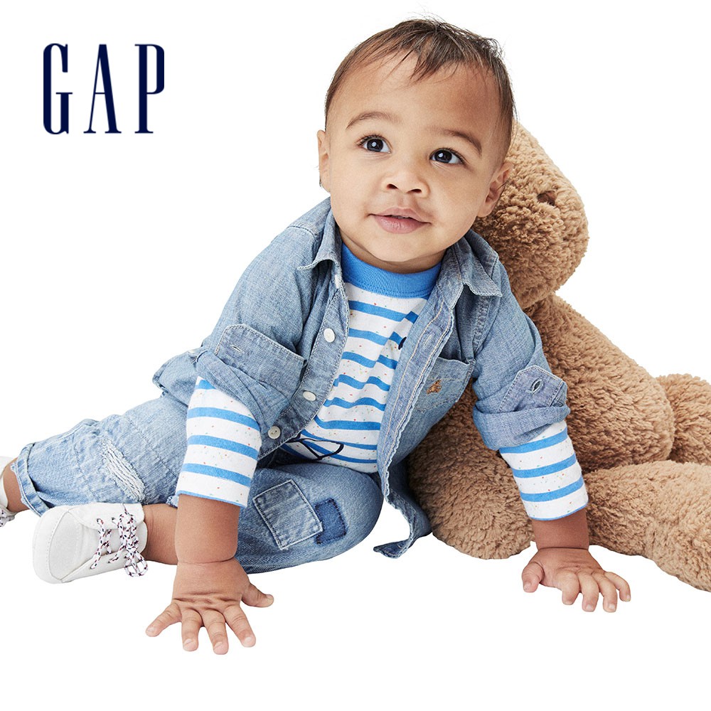 Gap 嬰兒裝 純棉青年布鈕釦口袋襯衫 布萊納系列-水洗藍(670667)
