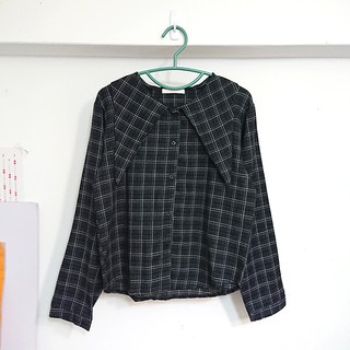 韓國購入，100% made in korea/設計感大領片格紋長袖襯衫 上衣