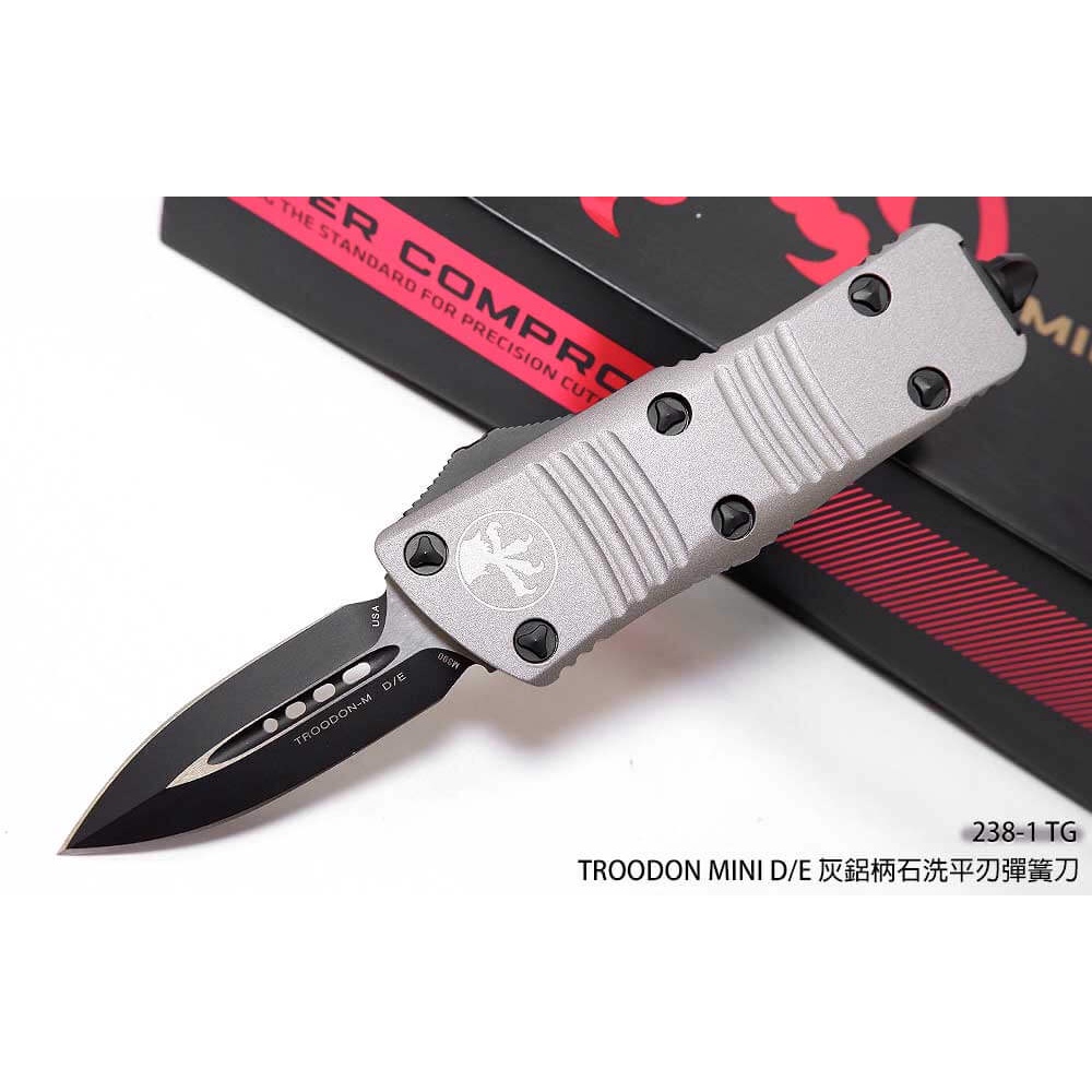 Microtech TROODON MINI D/E 灰鋁柄石洗平刃彈簧刀