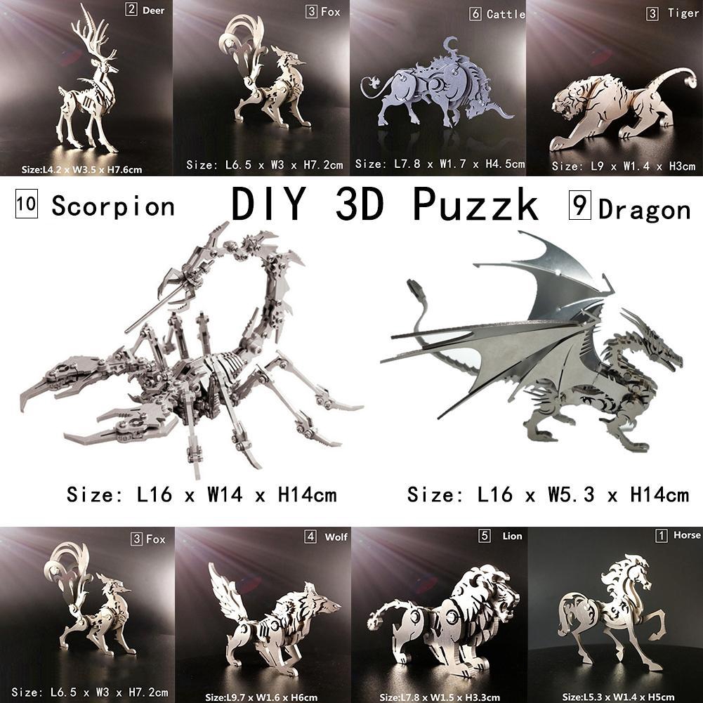Diy3d 金屬拼圖裝飾紅鹿狐狸狼獅子龍牛蝎子雞老虎模型y1l7 蝦皮購物
