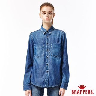 BRAPPERS 女款 噴漆磨破長袖牛仔襯衫-藍