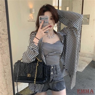 EMMA大尺碼.襯衫吊帶兩件套 千鳥格襯衫套裝修身性感吊帶衫顯瘦百搭防曬襯衫 大尺碼 套裝女短袖襯衫 襯衫女 韓版上衣