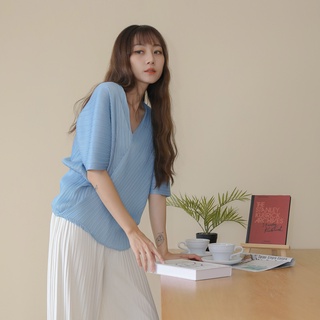 【our studio】韓系知性壓皺條紋短袖上衣 天空藍色 杏色(現貨)