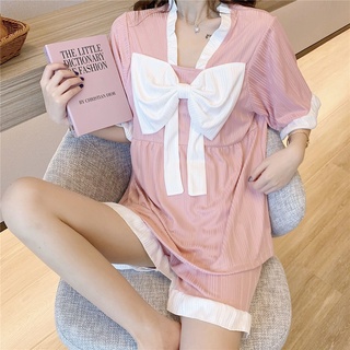 Jru 睡衣 居家服 女裝 夏天睡衣 女 短袖套頭公主風甜美可愛蝴蝶結家居服套裝ins風高顏值