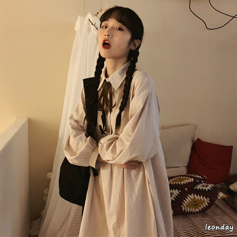 leon 3色 韓版蝴蝶結長袖襯衫洋裝  中長裙子 氣質寬鬆顯瘦 襯衫領裙子