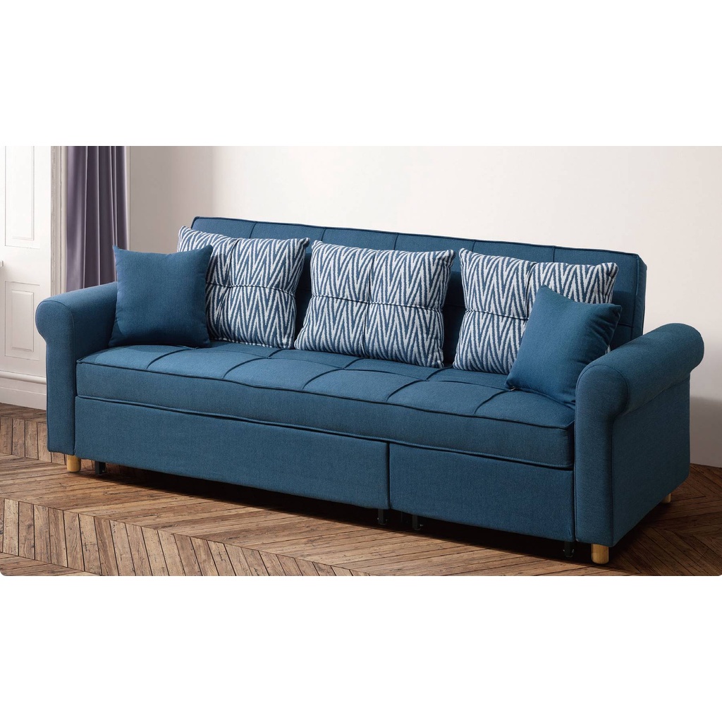 【萊夫家居】HT-9-2：L型藍布沙發床【台中家具】L型沙發 雙人床墊 三人沙發 棉麻布可拆洗 柳安木實木 北歐風