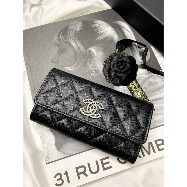 台灣現貨 Chanel 新款鑽石logo 中夾 黑色 荔枝皮 正品代購歐洲代購